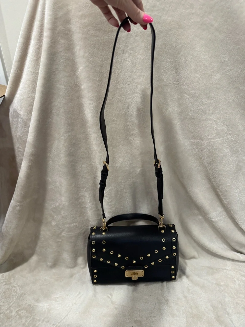 Michael Kors Black Kinsley Leather Studded Leather Satchel - Gold Hardware